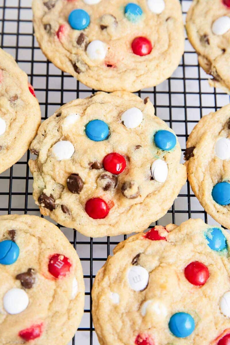 m&m cookies on cooling rack