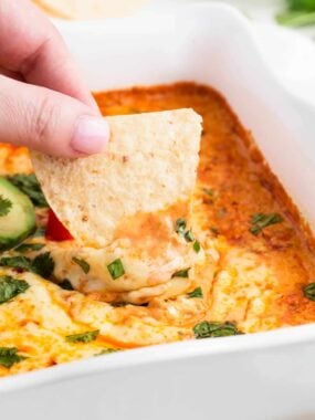 A chip dipped into chicken enchilada dip.