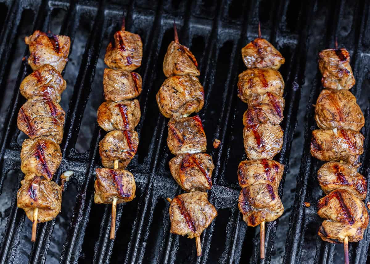 Chicken skewers on the grill.