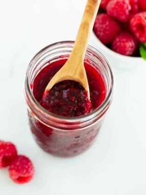 Raspberry jam in a jar.